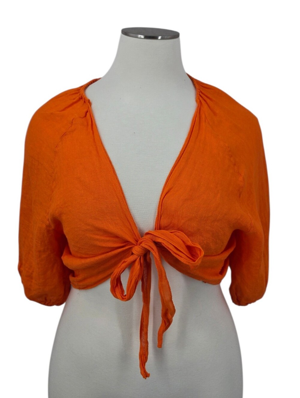 Puro Lino Italian Orange Linen Tie Front Crop Top Bolero Topper